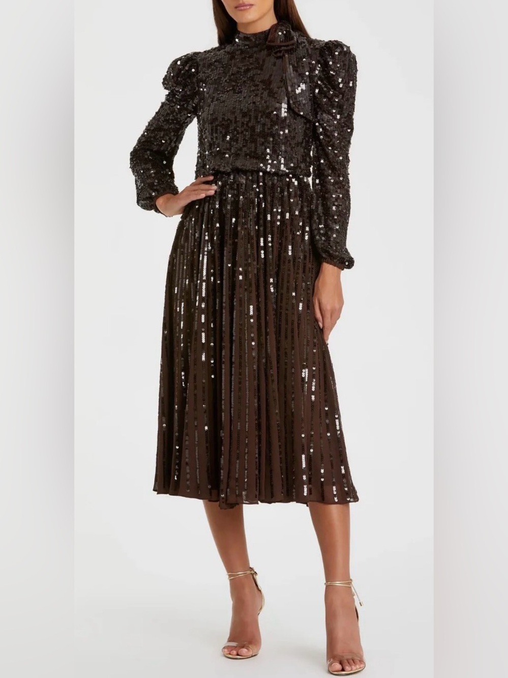 Brown Long Sleeve Sequin Tea Length Dress